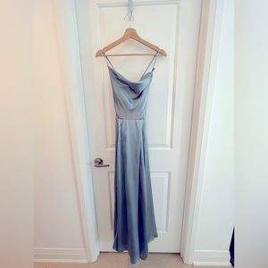 Dusty blue satin bridesmaid dress